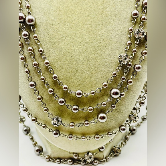 Ann Taylor Silver 6 Strand Necklace w/ Beads and Crystal Accents. 28 inch/2 inch - Picture 4 of 9